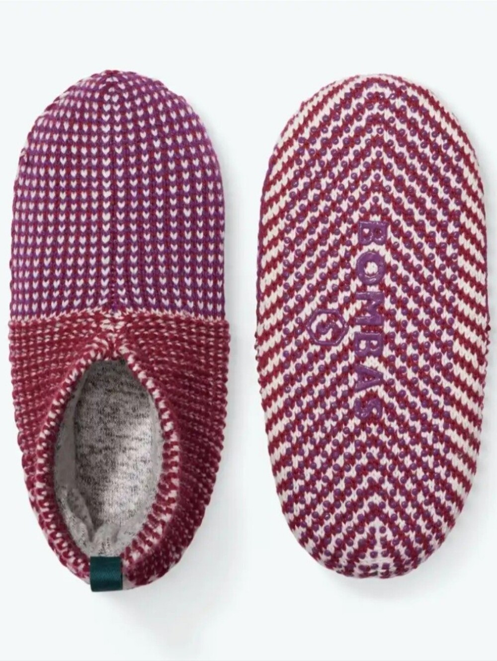 BOMBAS GRIPPER SLIPPERS WITH A RED AND PURPLE BIRDSEYE KNIT PATTERN. SZ SMALL.